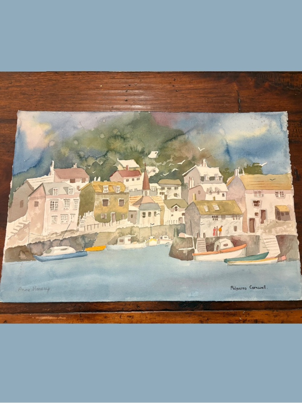 Large Original art signed watercolor painting Cornwall seaside coastal